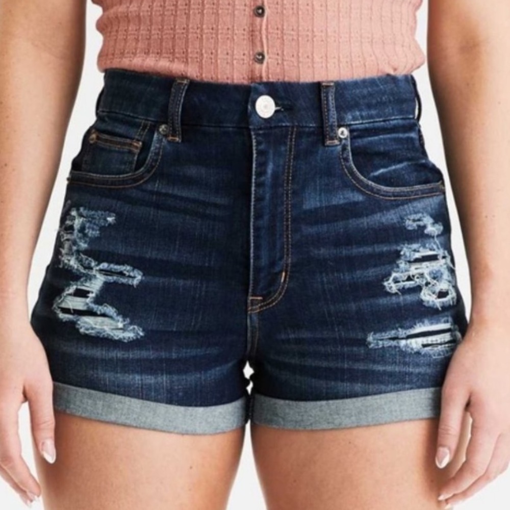 American Eagle Ne(x)t Level Stretch High Rise Distressed Dark Wash Denim Short
